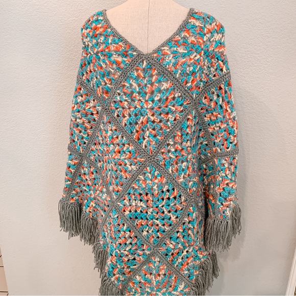 Granny Square Crochet Handmade Knit Shawl Cape Poncho Boho Festival Hippie - Picture 10 of 11